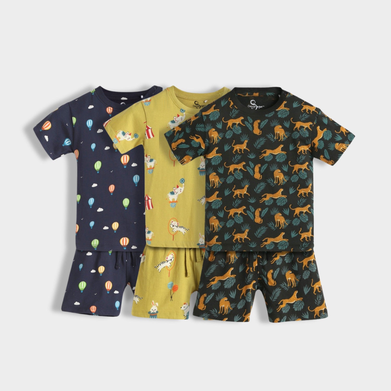 3 Pack T-Shirt & Shorts Unisex Co-ord Set | Cheetah, Hot Air & Circus