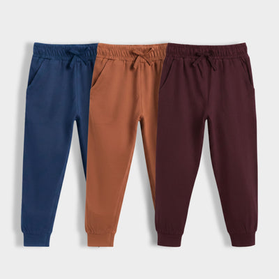 3 Pcs Cotton Joggers | Royal Blue, Brown, Wine