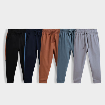 5 Pcs Cotton Joggers | Colour Block Black & Blue, Brown, Air Force Blue, Grey