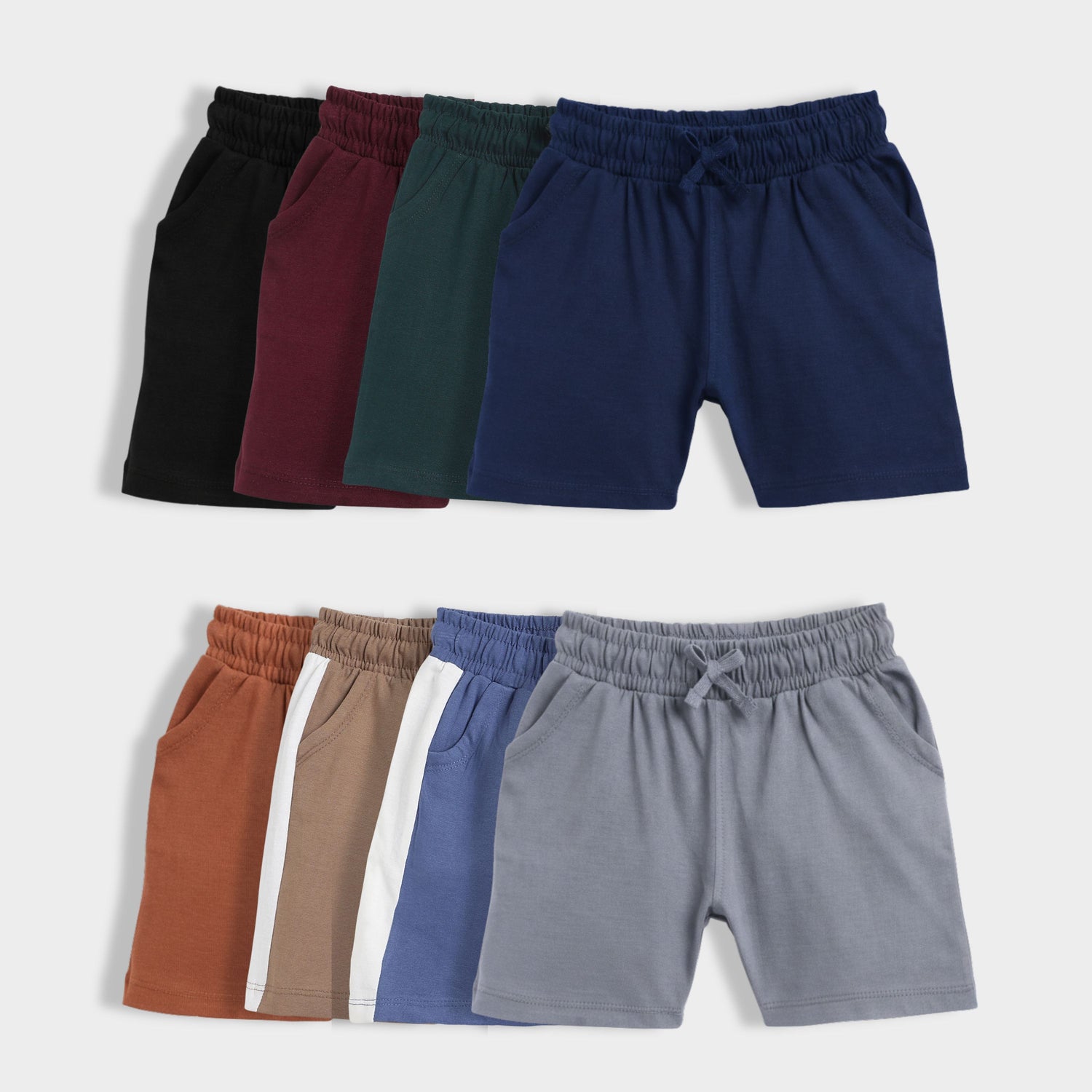 8 Pcs Cotton Shorts | Black, Wine, Bottle Green, Blue, Brown, Biscuit Brown, Indigo Blue, Grey