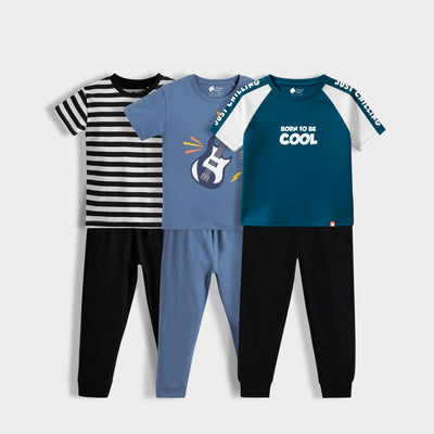 3 Pack Half Sleeves Unisex T-Shirt & Joggers Set | Black Stripes, I Am Cool, Little Rockstar