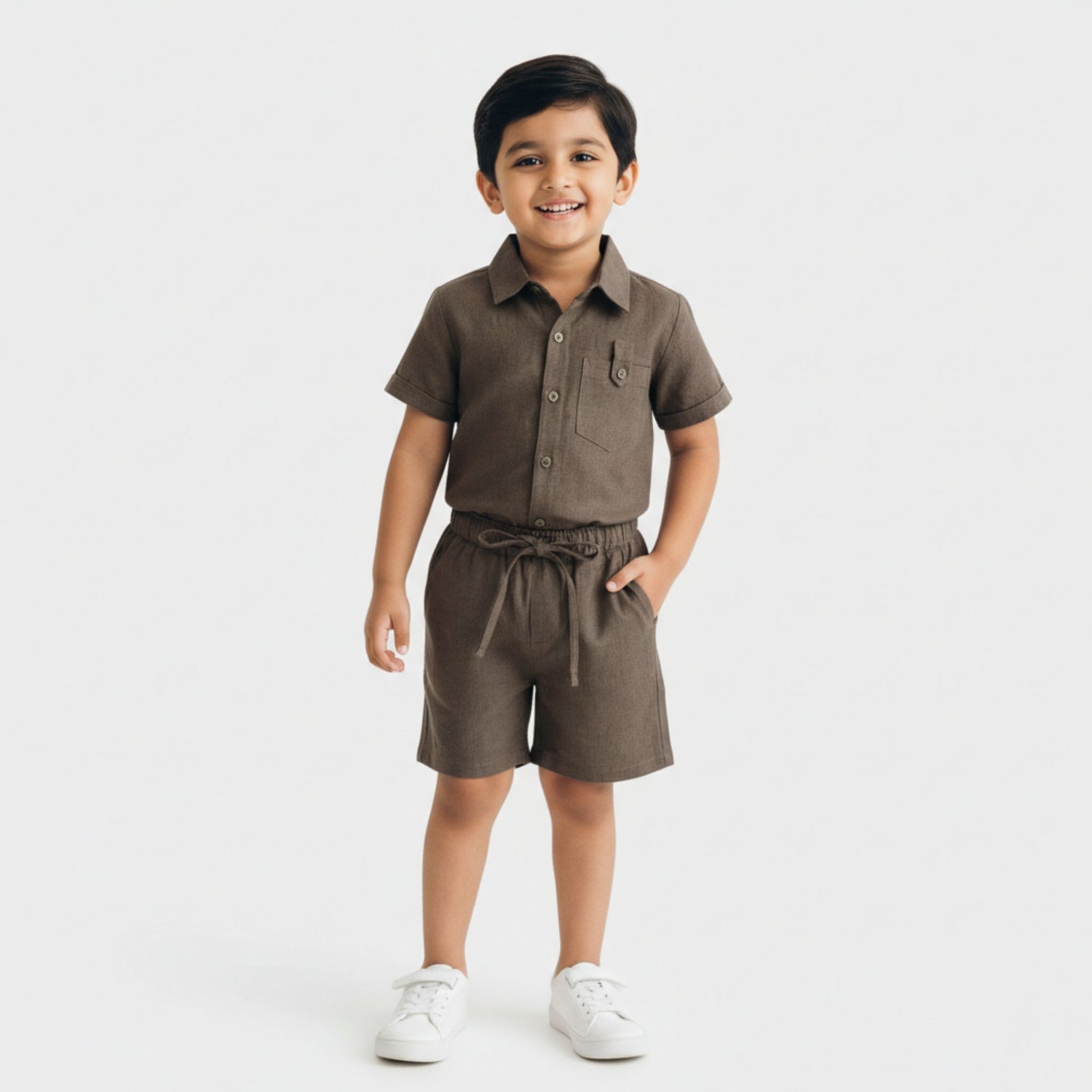 Half Sleeves Unisex Cotton Linen Shirt & Shorts Co-ord Set | Olive earth