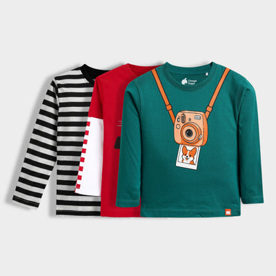 3 Pack Full Sleeves Unisex T-Shirts | Black Stripes, Fast Wheels, Mini Camera