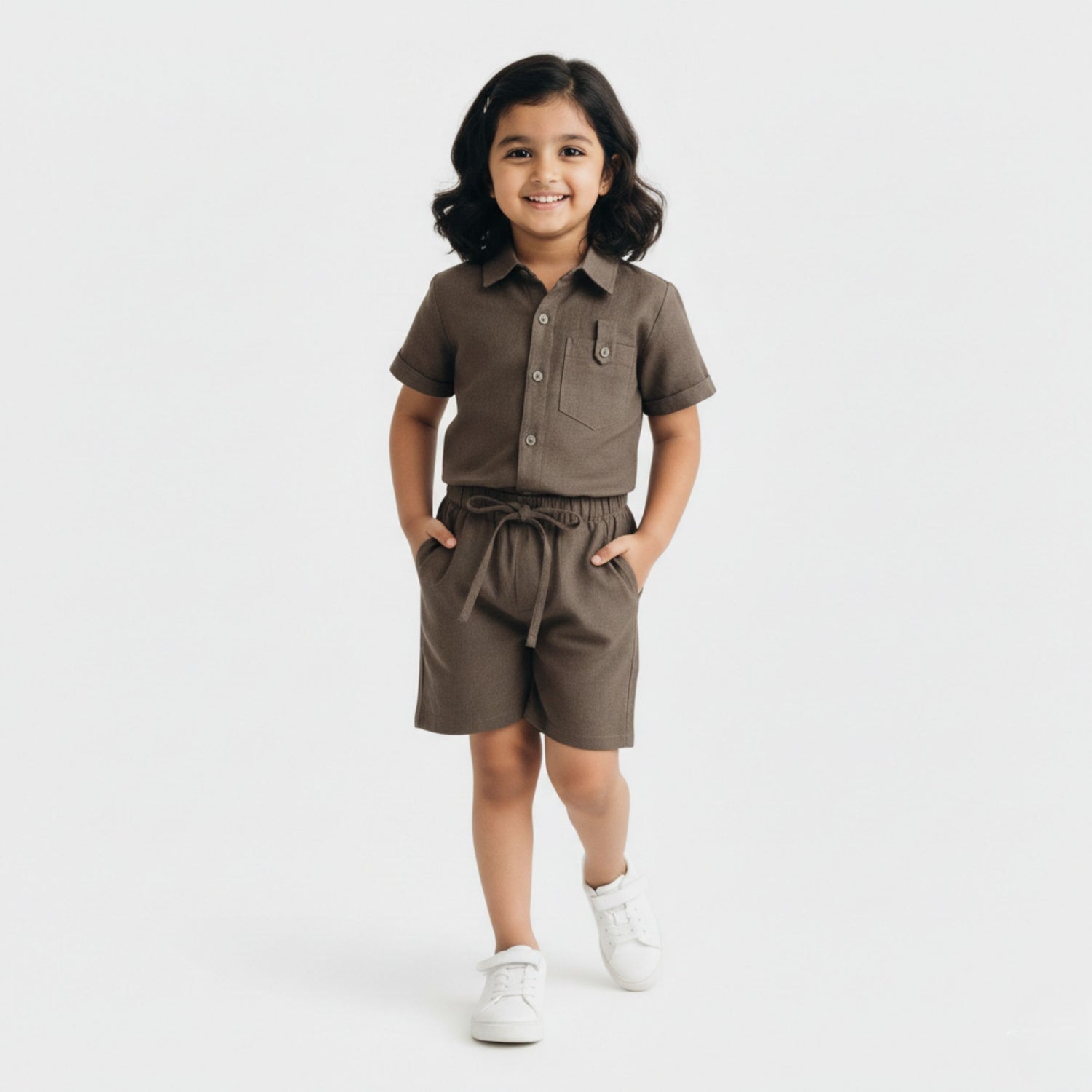 Half Sleeves Unisex Cotton Linen Shirt & Shorts Co-ord Set | Olive earth