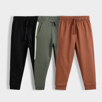 3 Pcs Cotton Joggers | Black, Colour Block Olive, Brown