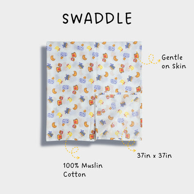 5 Pack Muslin Swaddle | Starry Safari, Yummy Breakfast, Jungle Jingles, Fox, Little Sailor
