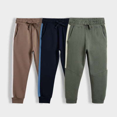 3 Pcs Cotton Joggers | Biscuit Brown, Colour Block Blue, Colour Block Olive Green