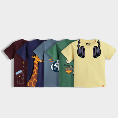 5 Pack Half Sleeves Unisex T-Shirts | Firefly Magic, Sporty Giraffe, Rockstar, Korea, Music Buddy