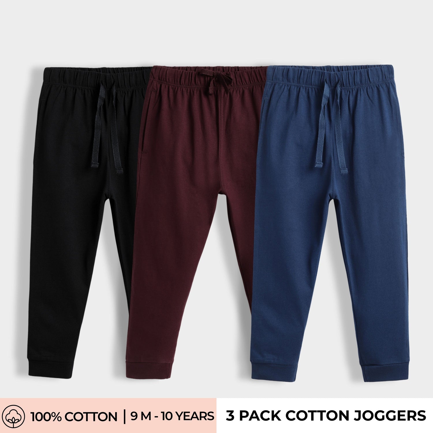 3 Pcs Cotton Joggers | Black, Wine, Blue