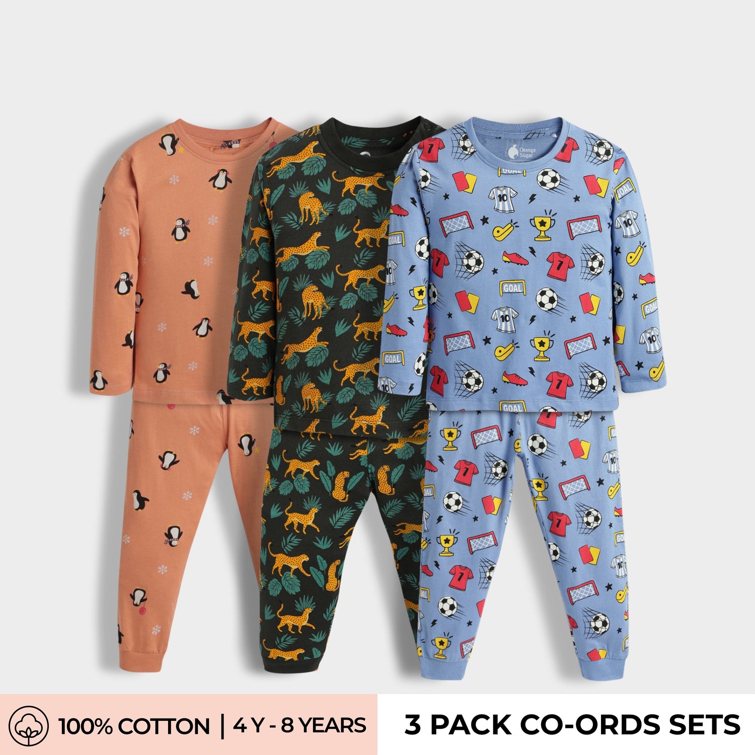 3 Pack Full Sleeves Unisex Co-ord Set | Penguin Chill, Cheetah, Football