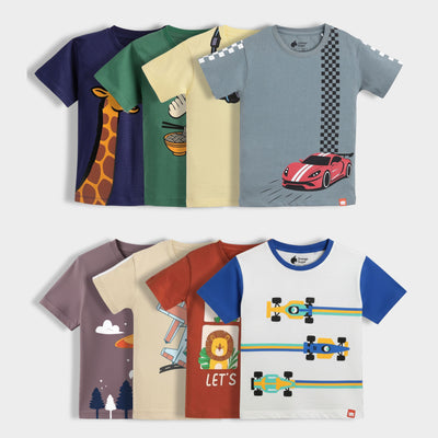8 Pack Half Sleeves Unisex T-Shirts | Sporty Giraffe, Korea Love, Music Buddy, Race Day, UFO , Plane Ride, Little Zoo, Formula Racing