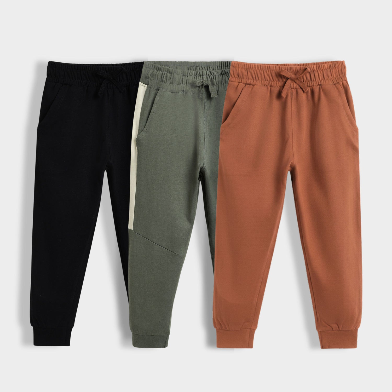 3 Pcs Cotton Joggers | Black, Colour Block Olive, Brown