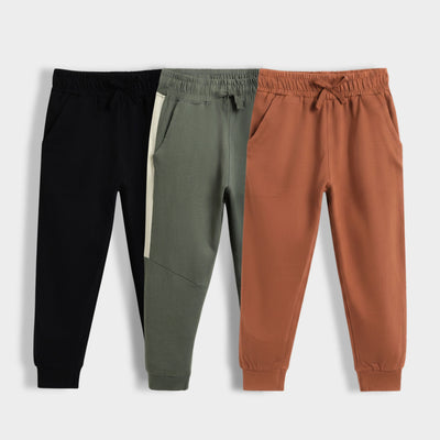 3 Pcs Cotton Joggers | Black, Colour Block Olive, Brown