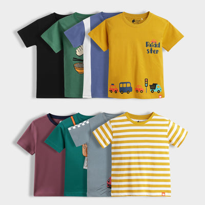 8 Pack Half Sleeves Unisex T-Shirts | Black, Korea Love, Goal Time, Road Trip, Dusty Pink, Mini Camera, Race Day, Yellow Stripes