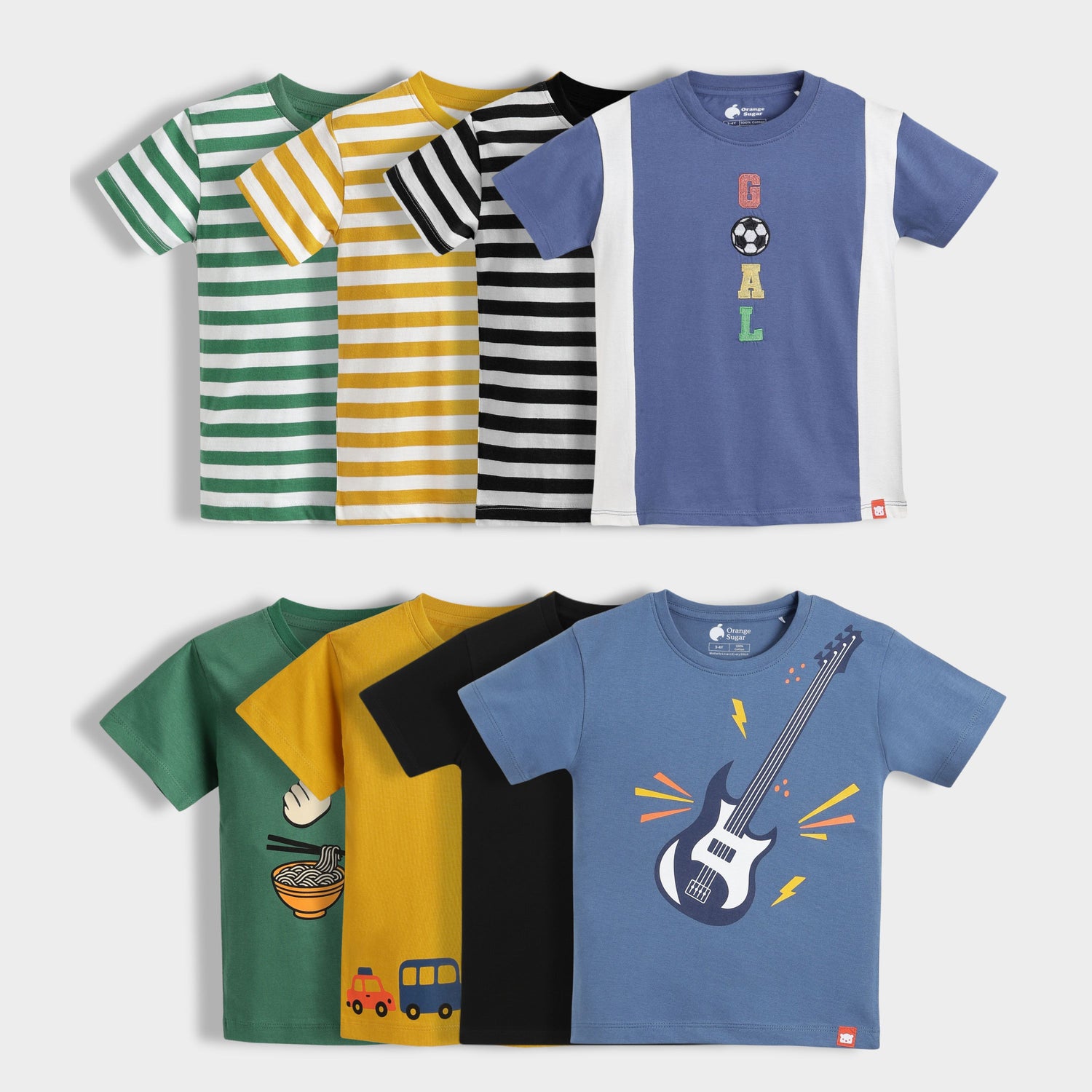 8 Pack Half Sleeves Unisex T-Shirts | Green Stripes, Yellow Stripes, Black Stripes, Goal Time, Korea Love, Road Trip, Black, Little Rockstar