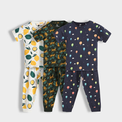 3 Pack Half Sleeves Unisex Co-ord Set | Lemon Joy, Cheetah Chase, Hot Air Balloon