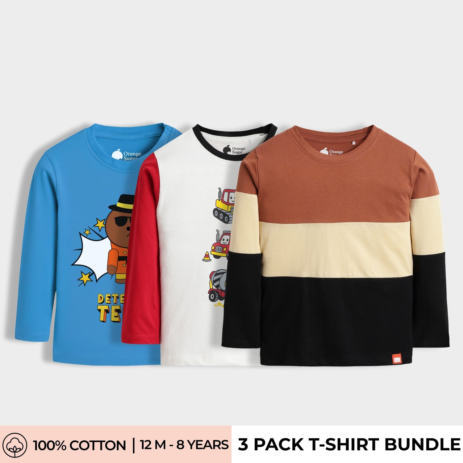 3 Pack Full Sleeves Unisex T-Shirts | Detective Teddy, Road Runner, Colour Block Brown