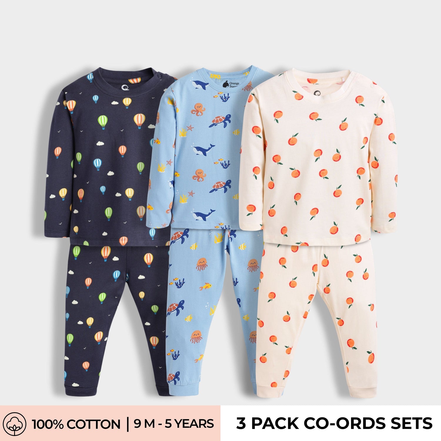 3 Pack Full Sleeves Unisex Co-ord Set | Hot Air, Aqua World, Orange