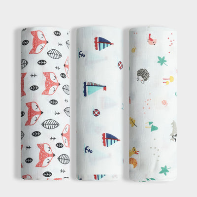 3 Pack Muslin Swaddle | Fox, Little Sailor, Spikey