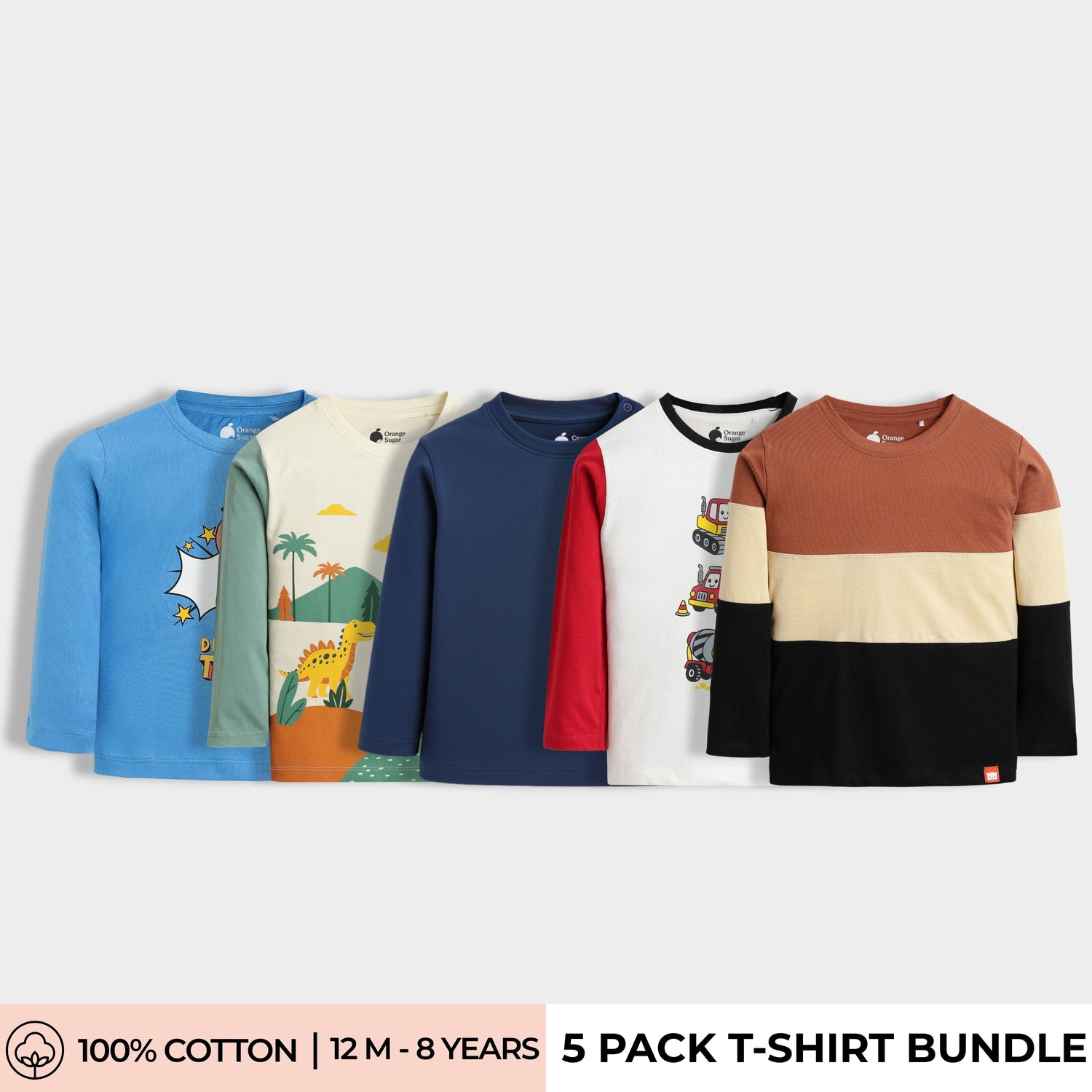 5 Pack Full Sleeves Unisex T-Shirts | Detective Teddy, Dino, Blue, Road Runner, Colour Block Brown