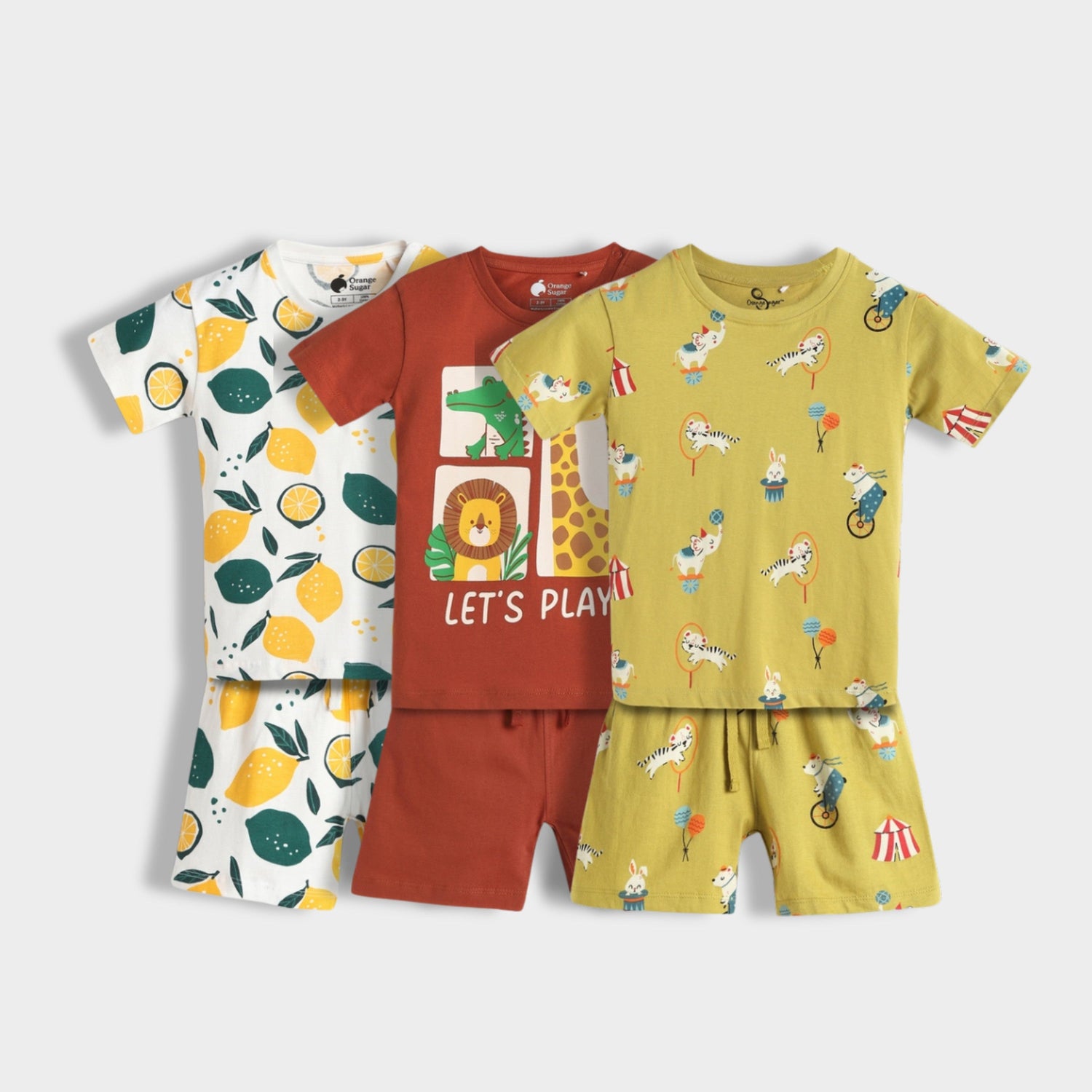 3 Pack T-Shirt & Shorts Unisex Co-ord Set | Lemon, Zoo, Circus