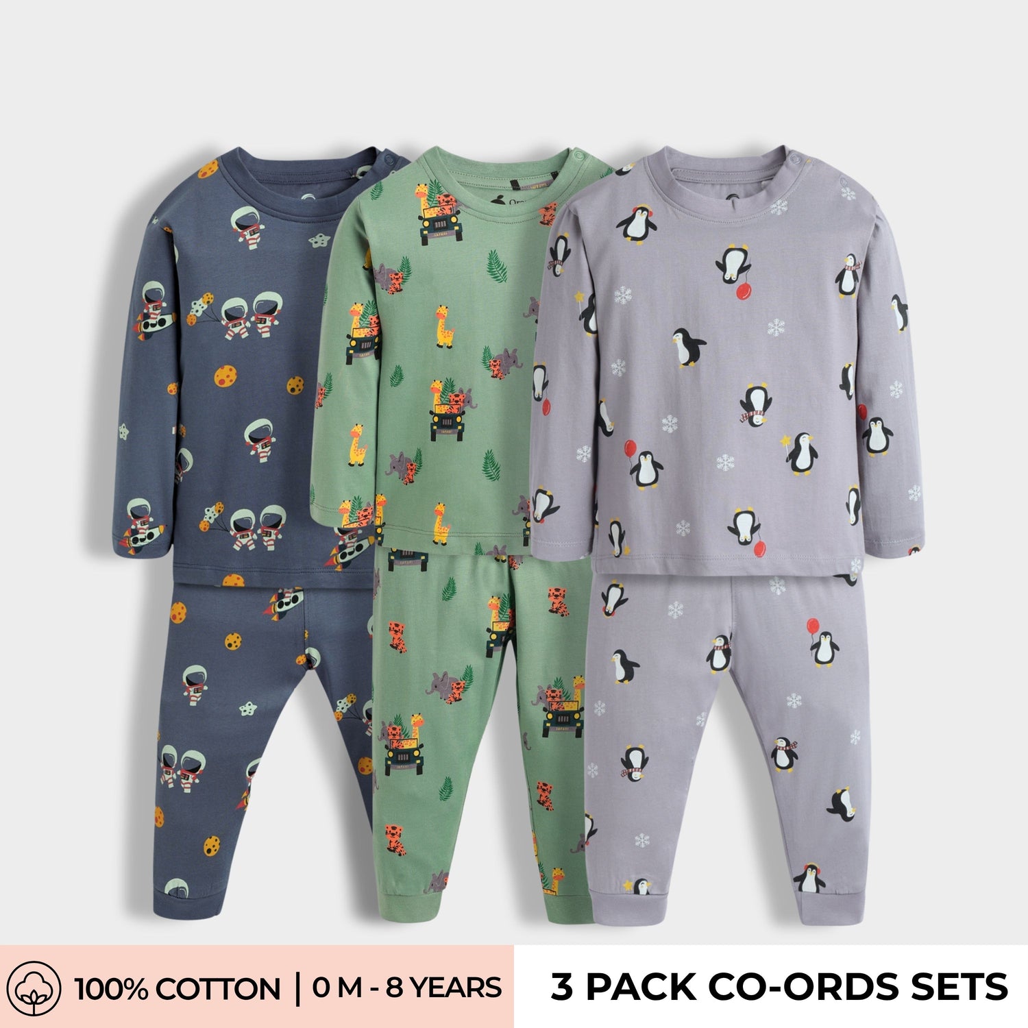 3 Pack Full Sleeves Unisex Co-ord Set | Space, Jungle, Penguin