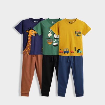 3 Pack Half Sleeves Unisex T-Shirt & Joggers Set | Sporty Giraffe, Korea, Road Trip