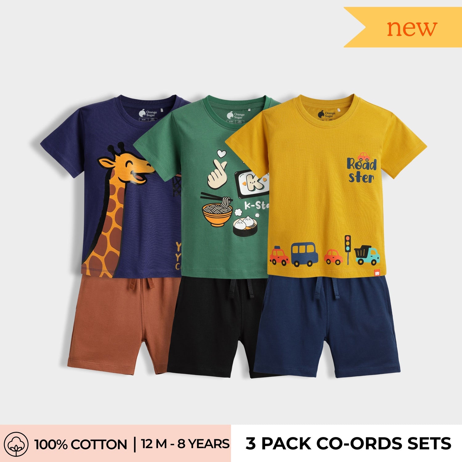 3 Pack T-Shirt & Shorts Unisex Co-ord Set | Korea, Road Trip, Sporty Giraffe