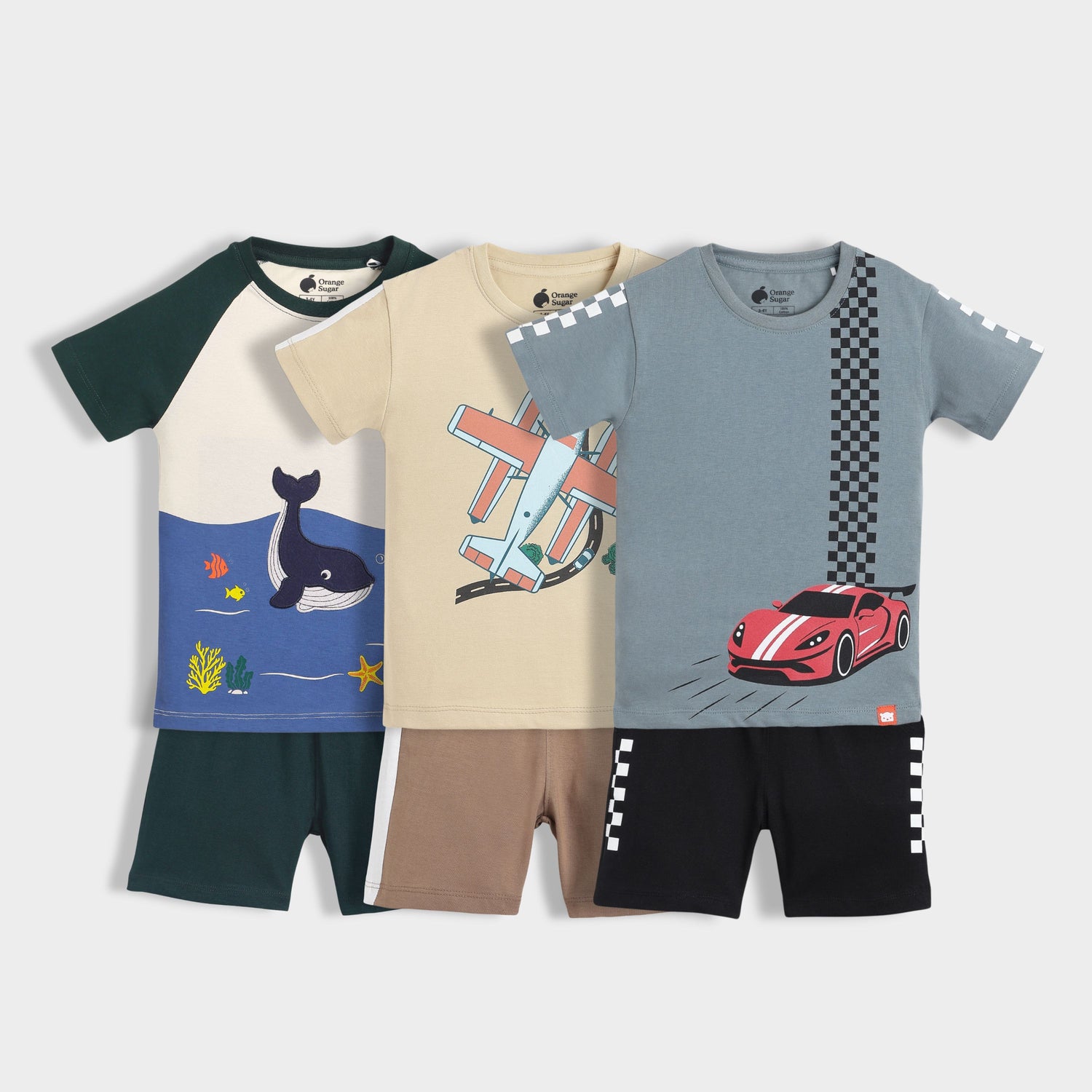 3 Pack T-Shirt & Shorts Unisex Co-ord Set | Mini Ocean, Plane Ride, Race Day
