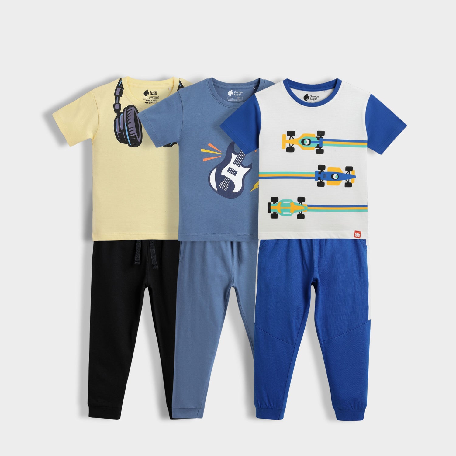 3 Pack Half Sleeves Unisex T-Shirt & Joggers Set | Formula Racing, Rockstar, Music Buddy