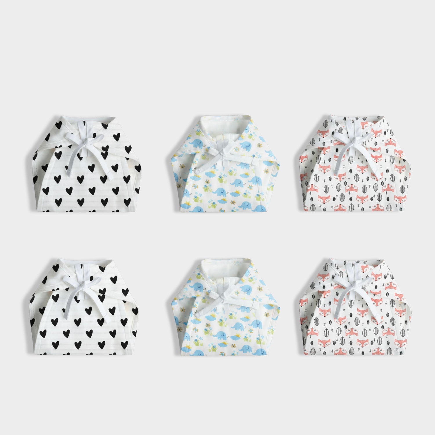 6 Pack Muslin Nappies | Black Heart, Blue Elephant, Fox