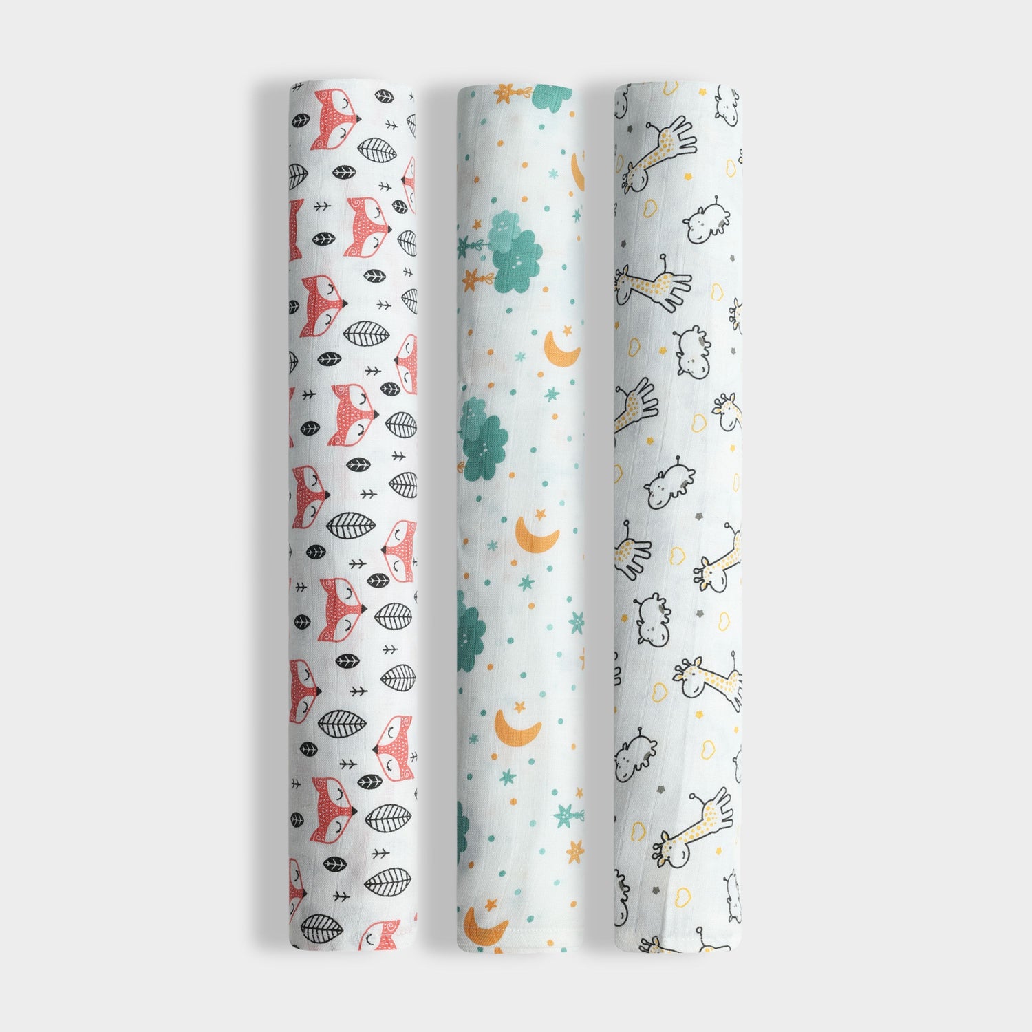 3 Pack Muslin Swaddle | Fox, Half Moon, Giraffe