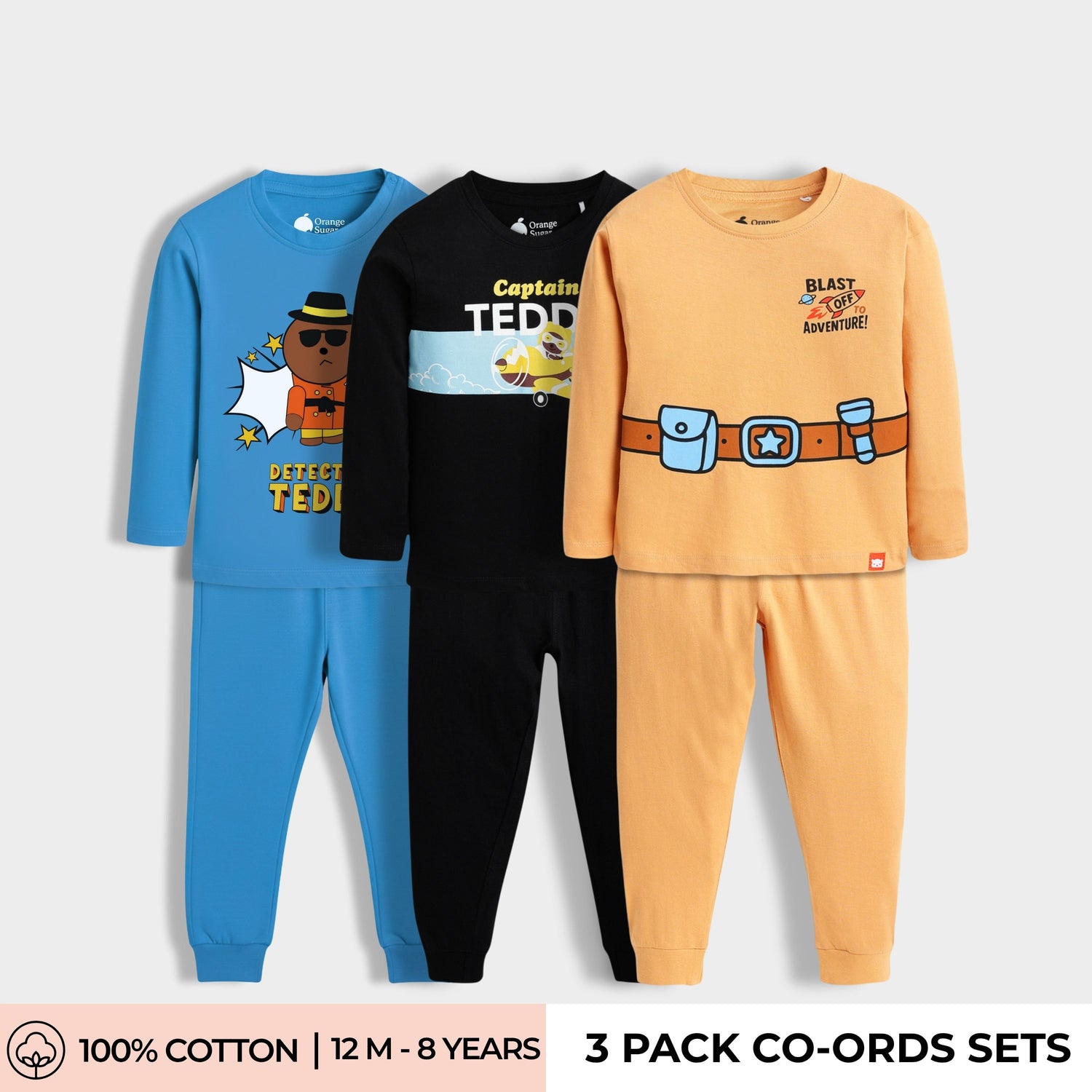 3 Pack Full Sleeves Unisex Co-ord Set | Detective Teddy, Teddy, Space Ship