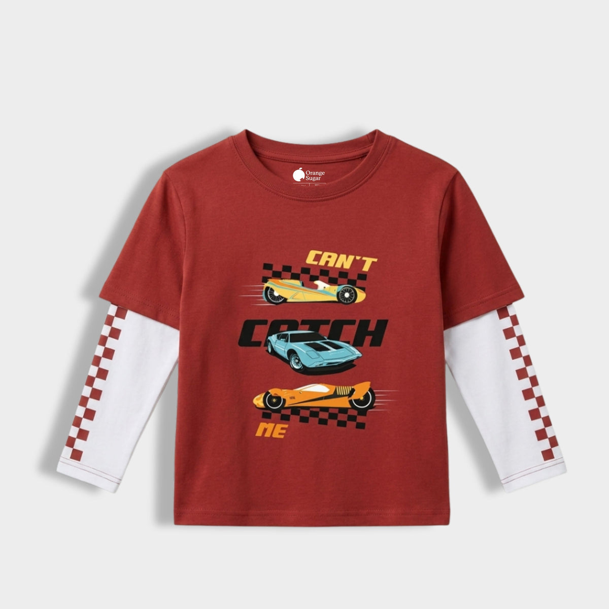 Red children's shirt with car graphics and text on a white background
