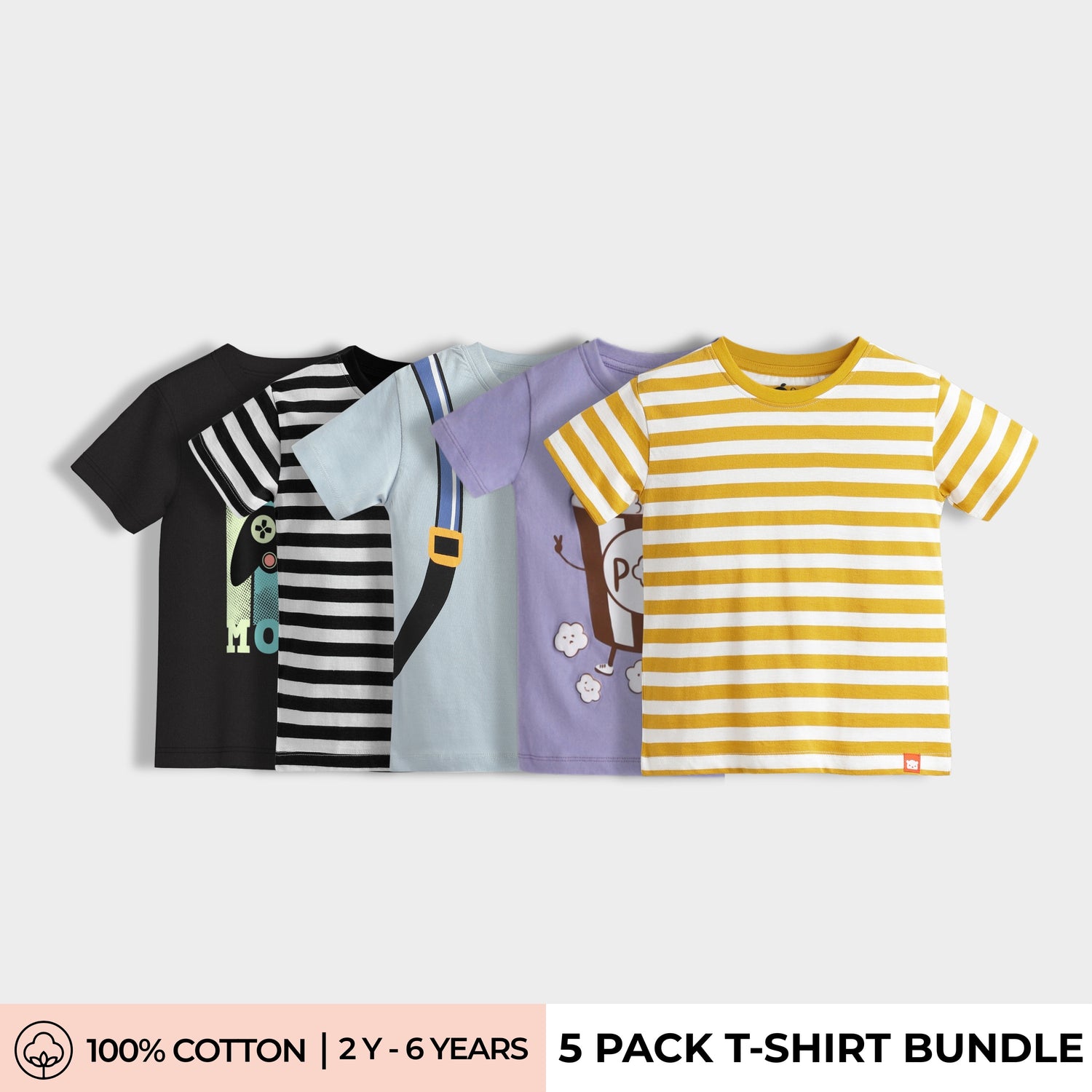 5 Pack Half Sleeves Unisex T-Shirts | Game Mode, Black Stripes, Back Pack, Popcorn, Yellow Stripes