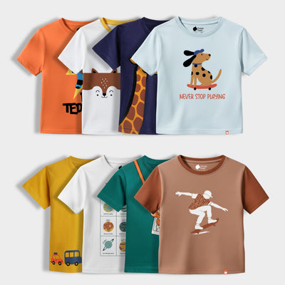 8 Pack Half Sleeves Unisex T-Shirts | Dj Teddy, Half And Half, Sporty Giraffe, Pup, Road Trip, Little Planet, Camera, Ride And Roll