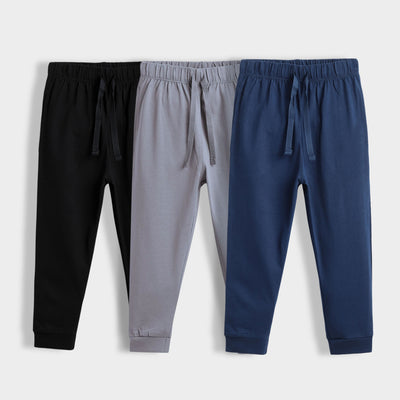 3 Pcs Cotton Joggers | Black, Grey, Blue