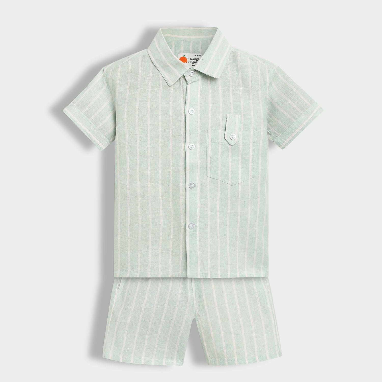 Half Sleeves Unisex Cotton Linen Shirt & Shorts Co-ord Set | Mint stripes