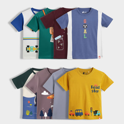 8 Pack Half Sleeves Unisex T-Shirts | Formula Racing, Camera, Firefly, Goal, Mini Ocean, UFO, Grey, Road Trip