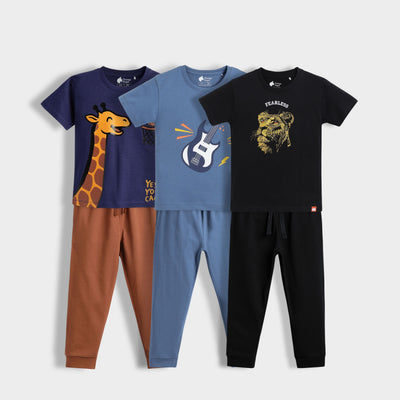 3 Pack Half Sleeves Unisex T-Shirt & Joggers Set | Sporty Giraffe, Little Rockstar, Fearless Lion