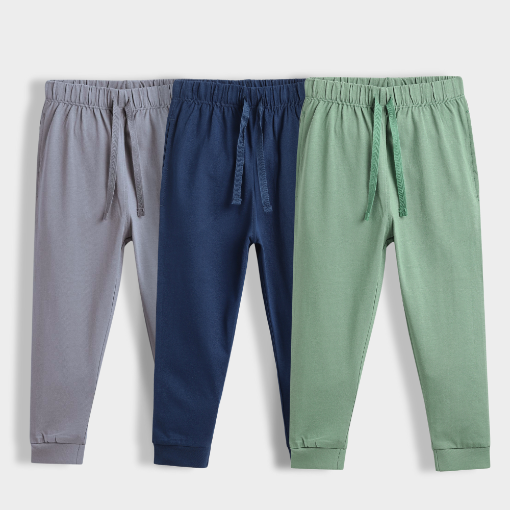 3 Pcs Cotton Joggers | Grey, Blue, Green