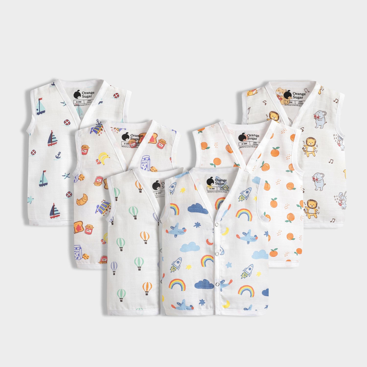 6 Pack Muslin Jhabla | Jungle Jingles, Breakfast, Starry, Sweet Oranges, Balloon Ride, Sailor