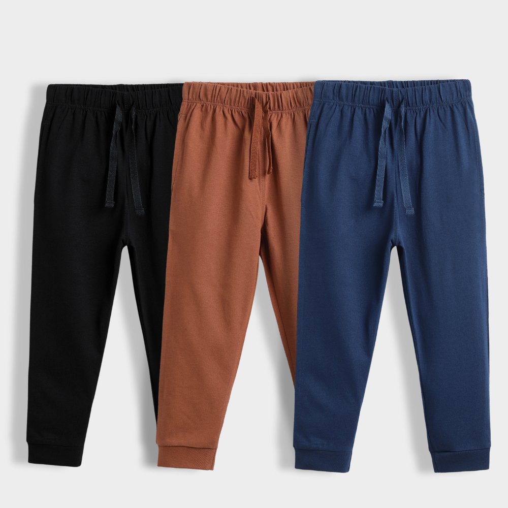 3 Pcs Cotton Joggers | Black, Brown, Blue