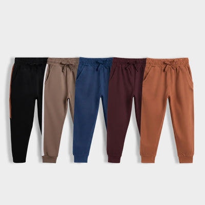 5 Pcs Cotton Joggers | Colour Block Black & Biscuit, Royal Blue, Wine, Brown