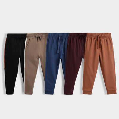 5 Pcs Cotton Joggers | Colour Block Black & Biscuit, Royal Blue, Wine, Brown