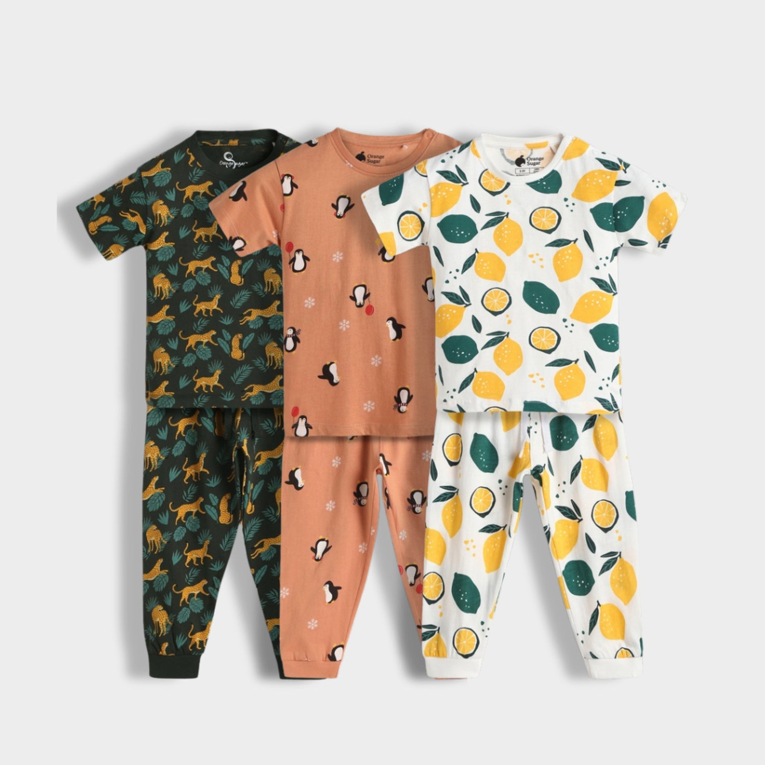 3 Pack Half Sleeves Unisex Co-ord Set | Cheetah, Lemon & Penguin Chill
