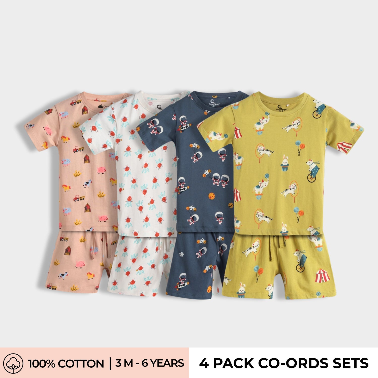 4 Pack T-Shirt & Shorts Unisex Co-ord Set | Farm, Beetroot, Space, Circus