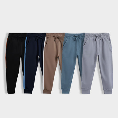 5 Pcs Cotton Joggers | Colour Block Black, Colour Block Blue, Biscuit Brown, Air Force Blue, Grey