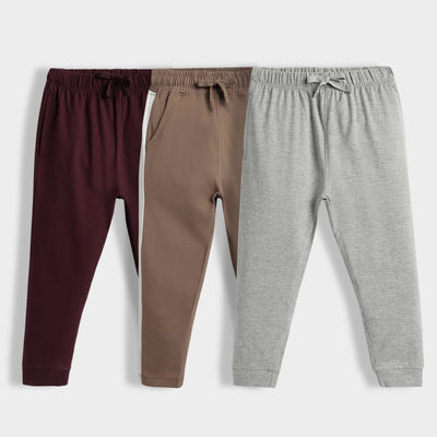 3 Pcs Cotton Joggers | Wine, Colour Block Biscuit, Melange Grey