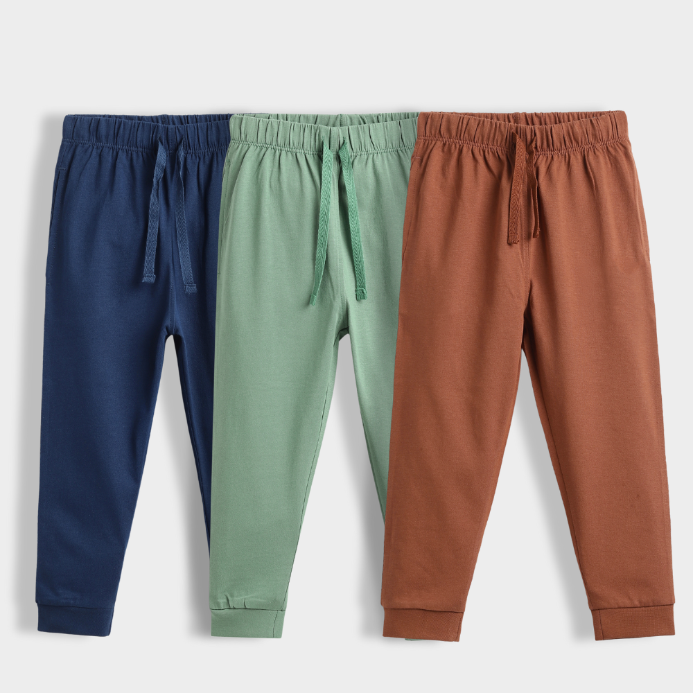 3 Pcs Cotton Joggers | Blue, Green, Brown